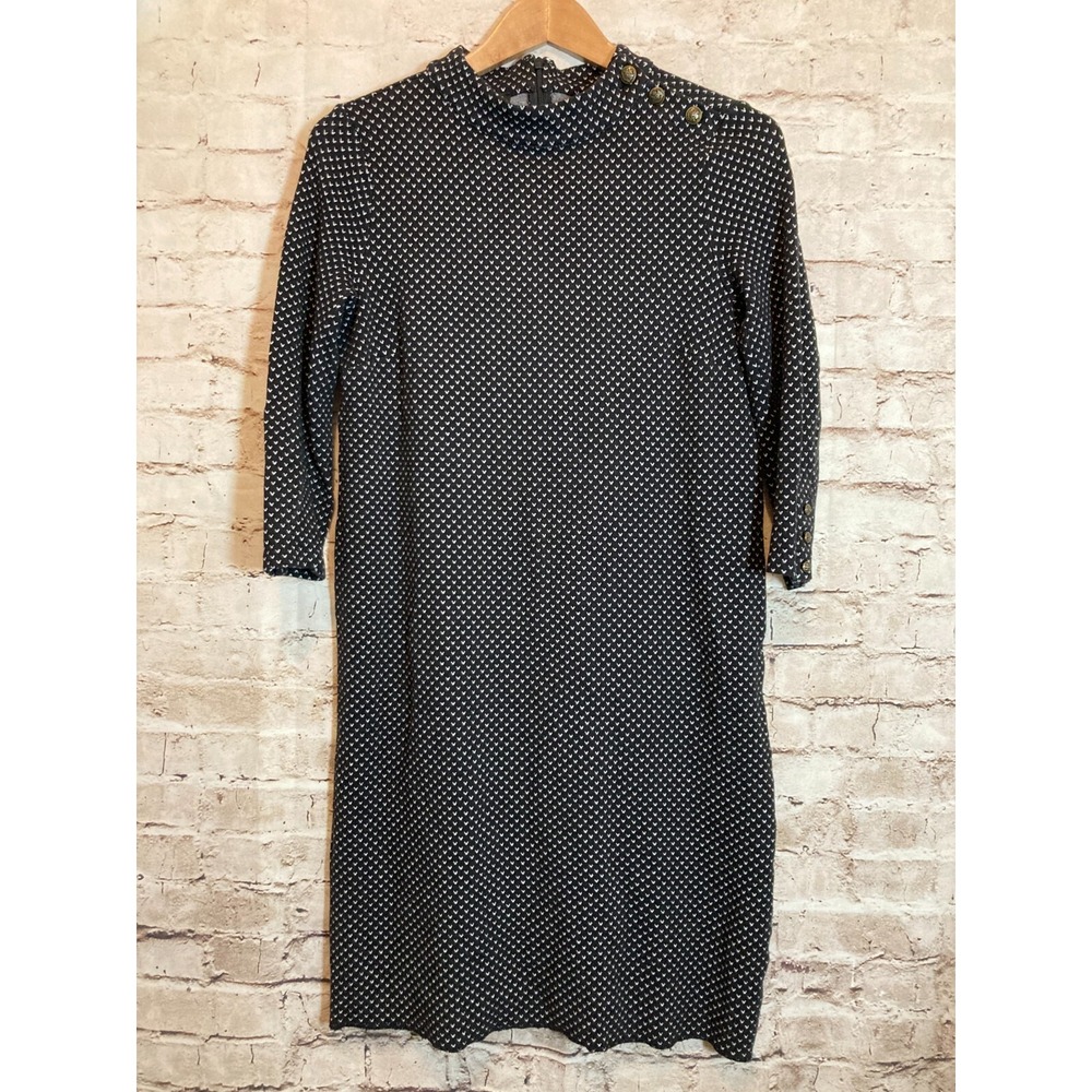 Talbots Dress Womens Medium Black Heart Print Fit & Flare Knit Mock Neck Stretch